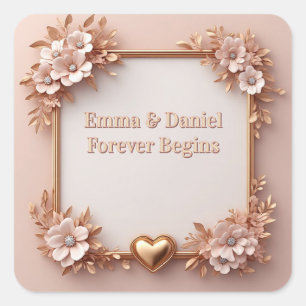 💖 Gold Heart Peach Floral Spring Wedding Style 🌸 Square Sticker