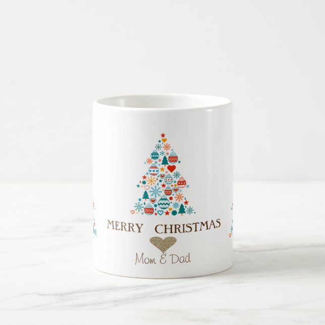 Gold Heart, Pine Tree Colourful Balls Christmas Coffee Mug (Center)