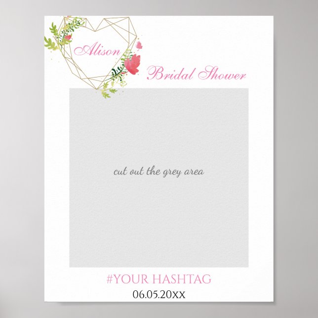 Gold Heart Pink Floral Bridal Shower Photo Prop Poster (Front)