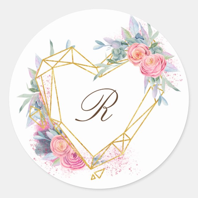 gold heart pink floral elegant monogram classic round sticker (Front)