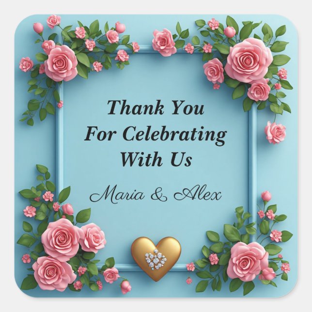 🌷 Gold Heart Pink Rose Blue Wedding Set 💍 Square Sticker (Front)