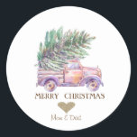 Gold Heart,Pink Truck Pine Trees Christmas Classic Round Sticker<br><div class="desc">Elegant glitter faux gold heart and pink truck with pine trees on a white background.</div>