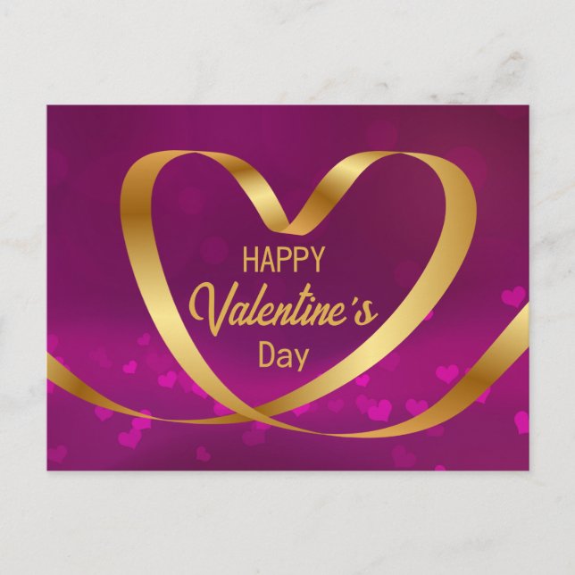 Gold Heart Ribbon Happy Valentine's Day Purple Postcard (Front)