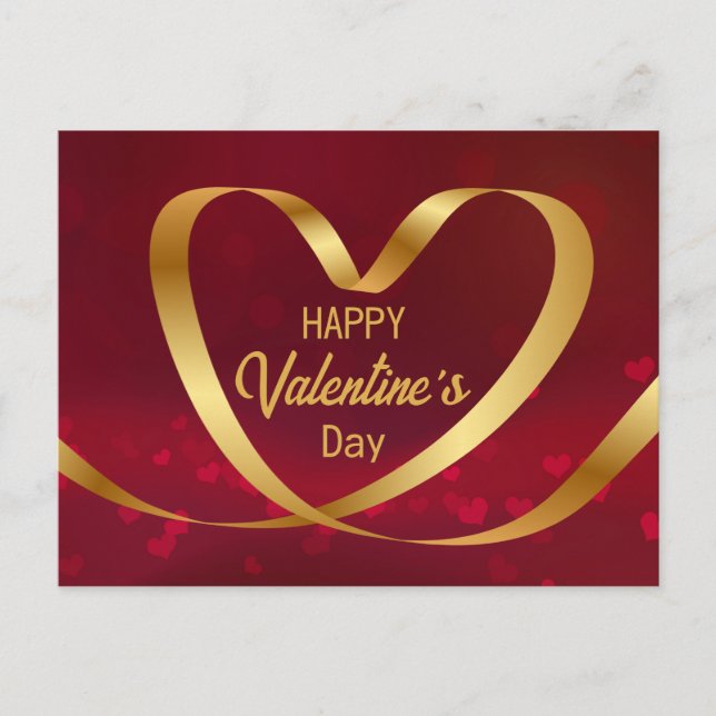 Gold Heart Ribbon Happy Valentine's Day Red Postcard (Front)