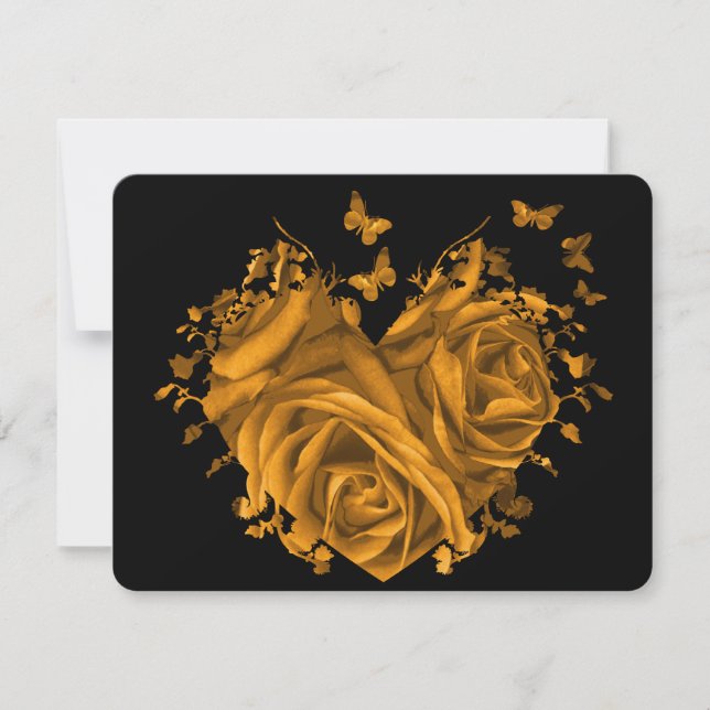 Gold Heart Roses and Butterflies RSVP Card (Front)