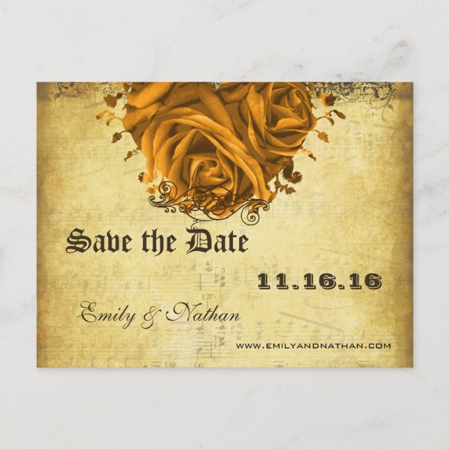 Gold Heart Roses and Butterflies Save the Date Announcement Postcard (Front)