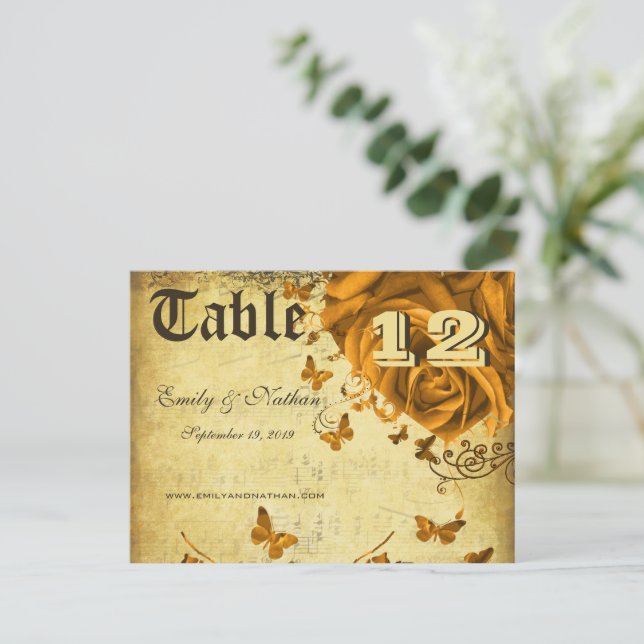 Gold Heart Roses and Butterflies Table Number Postcard (Standing Front)