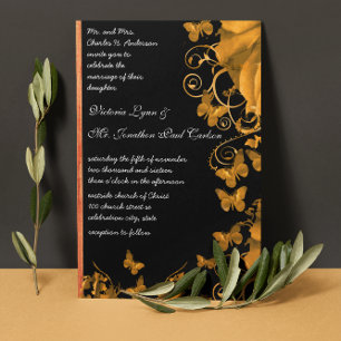 Gold Heart Roses & Butterflies Wedding Invitation