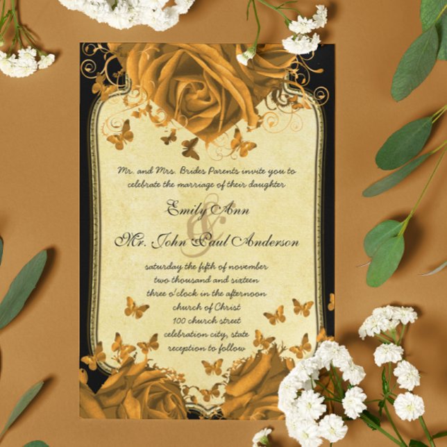 Gold Heart Roses & Butterflies Wedding Invitation (Creator Uploaded)