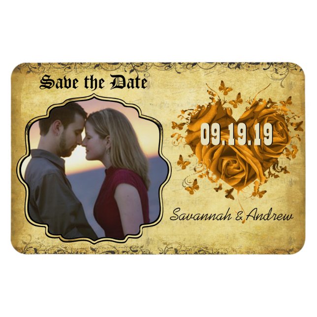 Gold Heart Roses & Buttterflies Save the Date Magnet (Horizontal)
