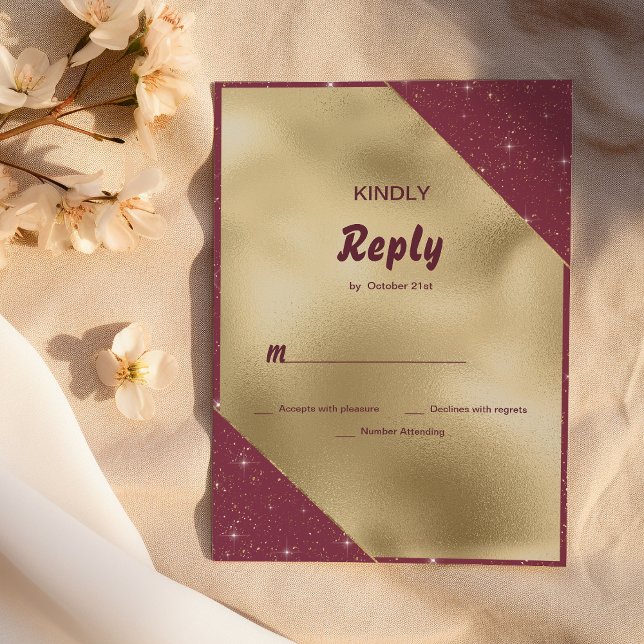 Gold heart sparkle burgundy glitter RSVP Invitation (Gold heart sparkle burgundy glitter RSVP )