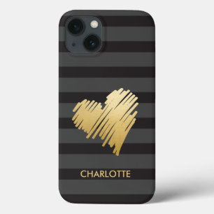 Gold Heart Striped Personalised iPhone 13 Case