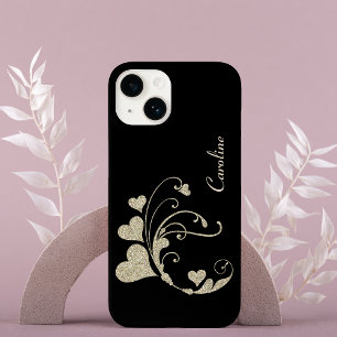 Gold Heart Swirl Faux Glitter on Black iPhone 14 Case