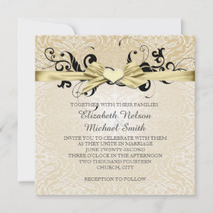 Gold Heart Swirls Ribbon Damask Wedding Invite