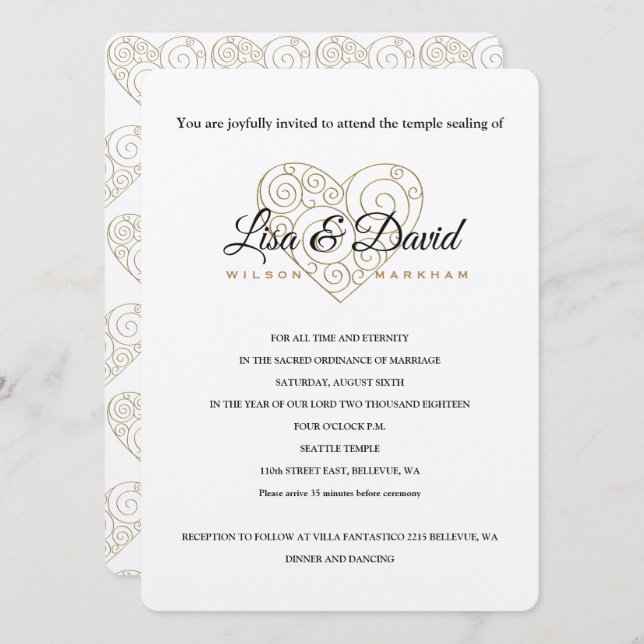 Gold Heart Temple Wedding & Reception Invite (Front/Back)