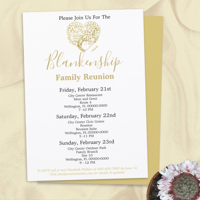 Gold Heart Tree 3 Day Family Reunion Personalized Invitation (Creator Uploaded)
