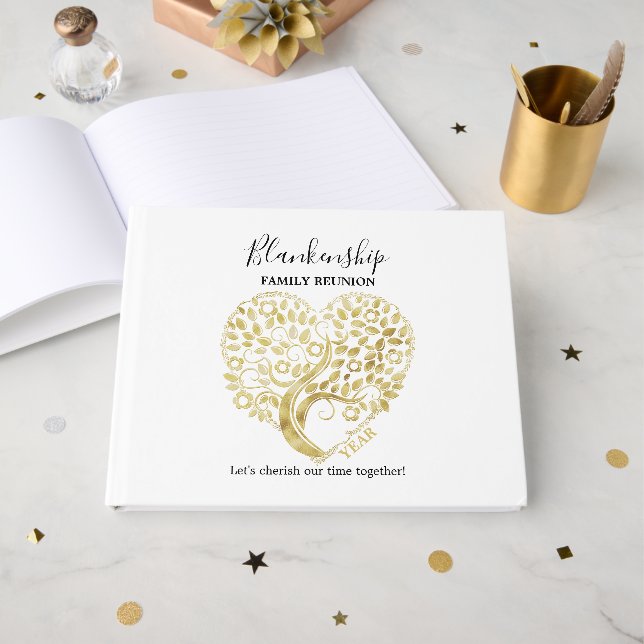 Gold Heart Tree Family Reunion Personalised Party Guest Book (Front Open)