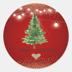 Gold Heart,Watercolor Christmas Tree,StrinG Lights Classic Round Sticker