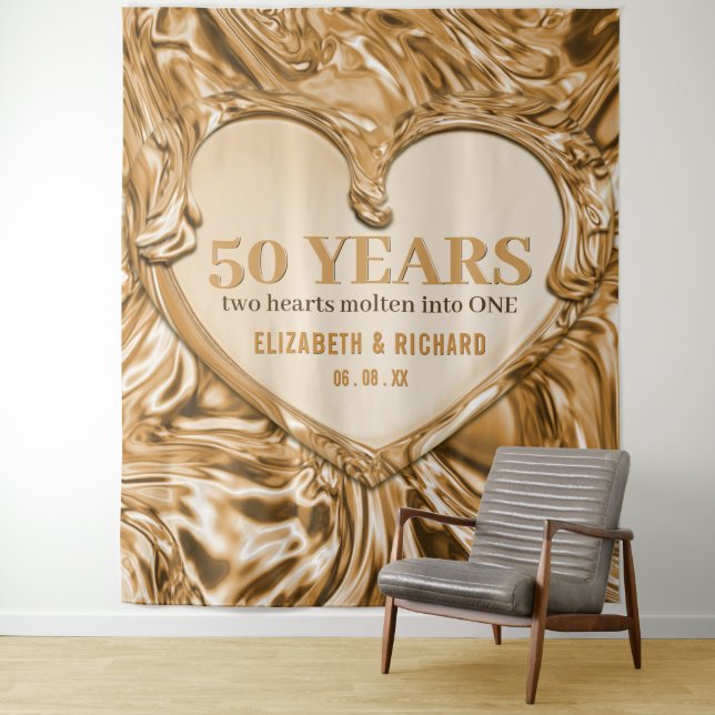 Gold Heart Wedding Anniversary Backdrop Tapestry (In Situ)