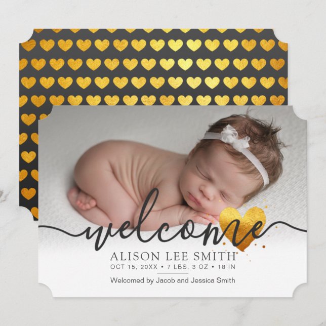 Gold heart Welcome birth Announcement Card (Front/Back)