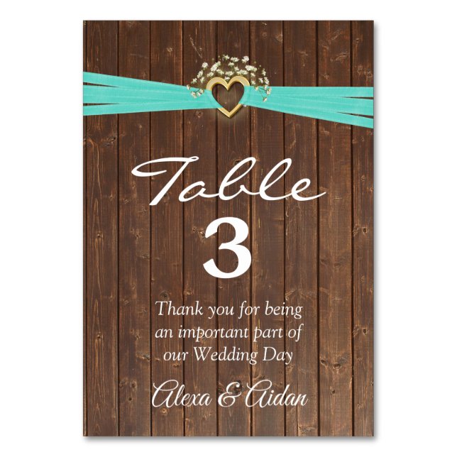 Gold Heart with Turquoise Ribbon On Barn Wood  Table Number (Front)