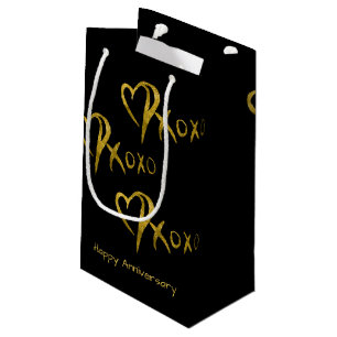 Gold Heart XOXO on Black Editable Text Small Gift Bag