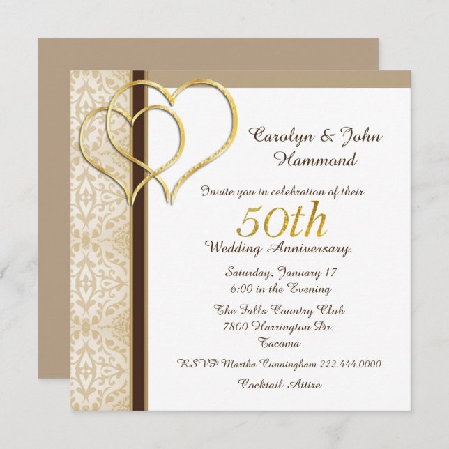 Gold Hearts 50th Wedding Anniversary Invitation (Front/Back)