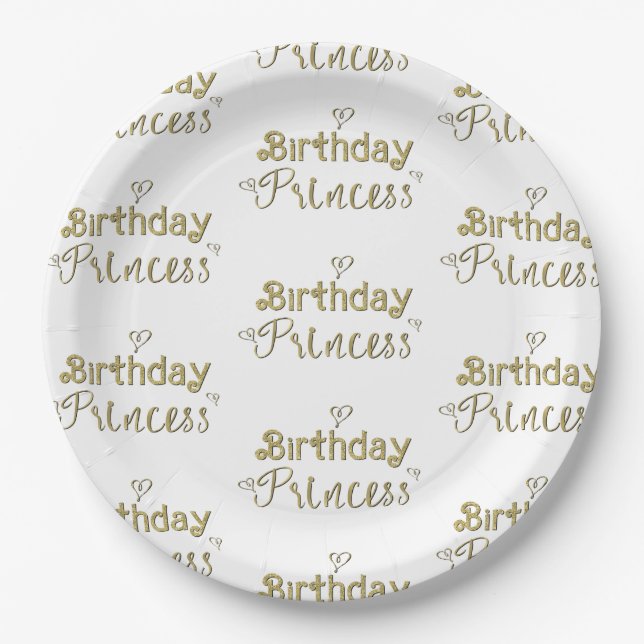 Gold Hearts Birthday Princess Party  Paper Plate (Front)