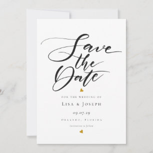 Gold Hearts Black and White Script Save the Date Invitation