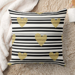 Gold Hearts Black Stripe Valentine Pattern Cushion