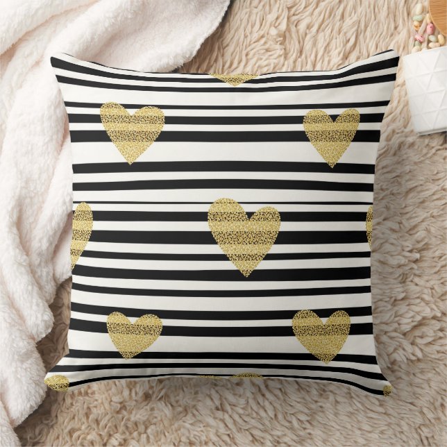 Gold Hearts Black Stripe Valentine Pattern Cushion (Blanket)