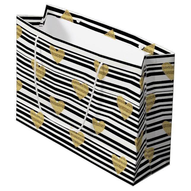Gold Hearts Black Stripe Valentine Pattern Large Gift Bag (Front Angled)