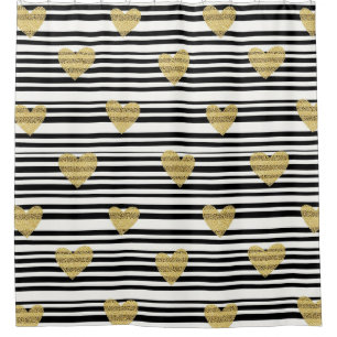 Gold Hearts Black Stripe Valentine Pattern Shower Curtain