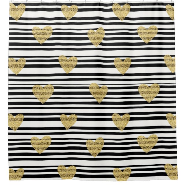 Gold Hearts Black Stripe Valentine Pattern Shower Curtain (Front)