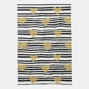 Gold Hearts Black Stripe Valentine Pattern Tea Towel