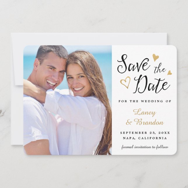 Gold Hearts Black White Save the Date Announcement (Front)