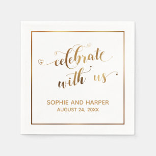 Gold Hearts & Border Celebrate with Us, White Napkin