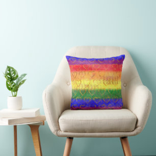 Gold Hearts, Bright Rainbow Gay Pride Flag Colours Cushion