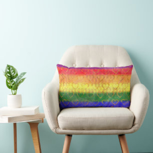 Gold Hearts, Bright Rainbow Gay Pride Flag Colours Lumbar Cushion