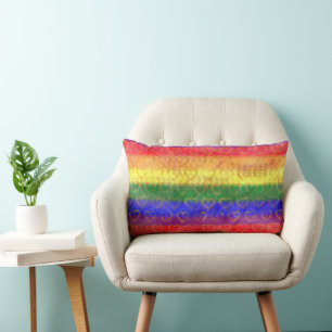 Gold Hearts, Bright Rainbow Gay Pride Flag Colours Lumbar Cushion