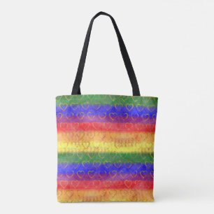 Gold Hearts, Bright Rainbow Gay Pride Flag Colours Tote Bag