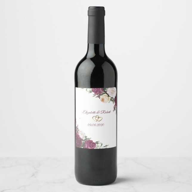 Gold Hearts Burgundy Floral Wedding Wine Label (Front)