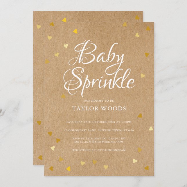 Gold Hearts Confetti Baby Sprinkle Rustic Kraft Invitation (Front/Back)