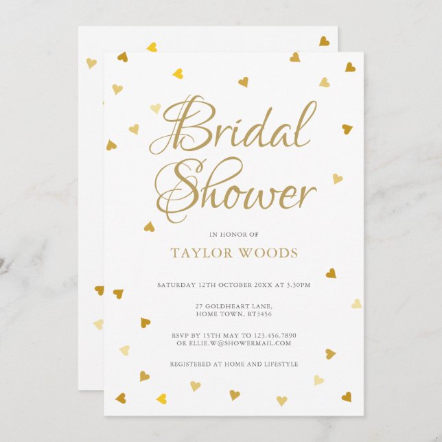 Gold hearts confetti bridal shower invitation (Front/Back)