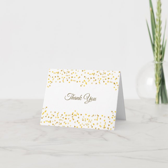 Gold Hearts Confetti Elegant Script Thank You Card (Front)