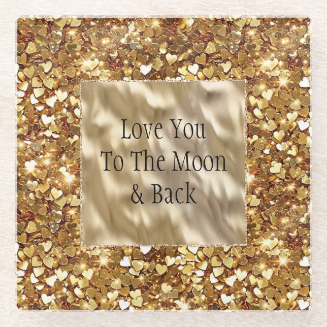 Gold Hearts Confetti Glass Coaster (Front)