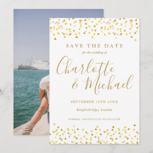 Gold Hearts Confetti Script Photo Wedding Save The Date
