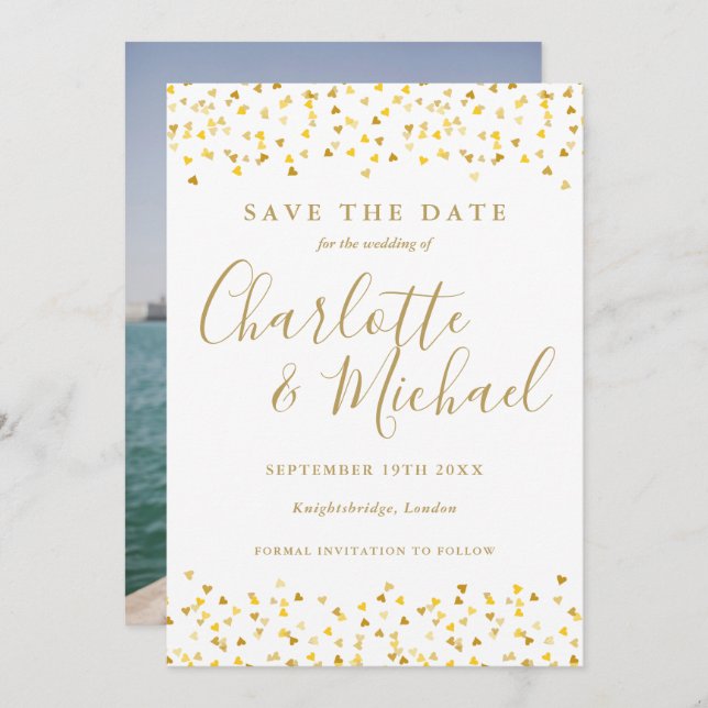 Gold Hearts Confetti Script Photo Wedding Save The Date (Front/Back)
