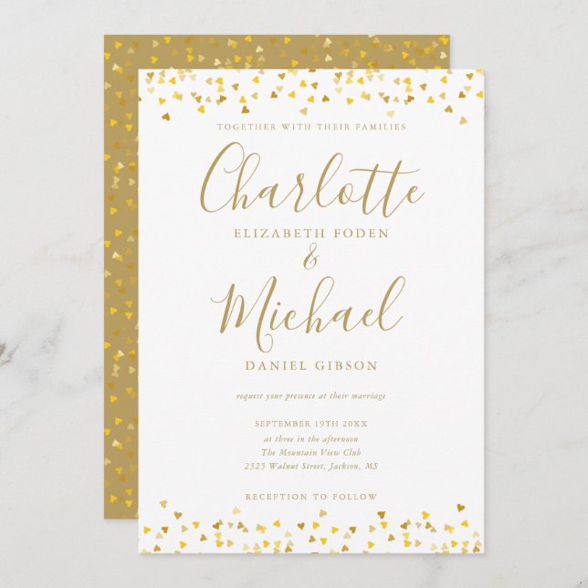 Gold Hearts Confetti Signature Script Wedding Invitation (Front/Back)