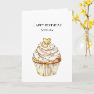 Gold Hearts Cupcake Birthday Card